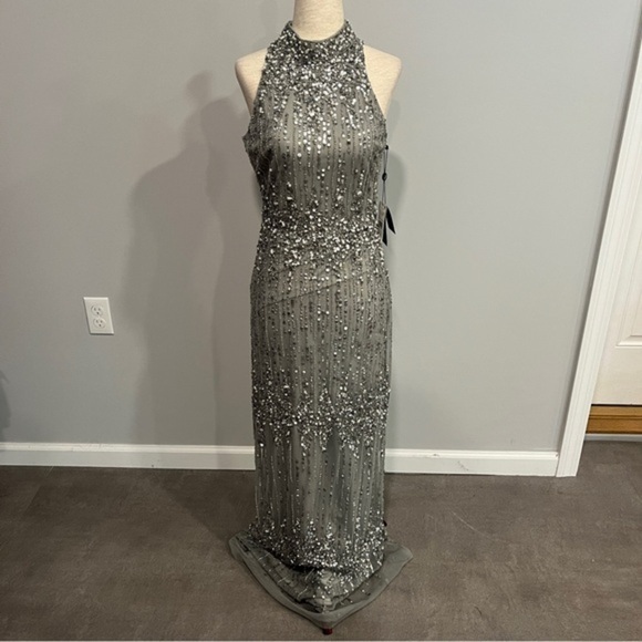 Adrianna Pappell Silver Sequined Halter Neck Evening Dress New with Tags 2 - Picture 1 of 10
